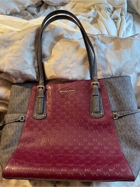 Michael Kors Burgundy and Gray/Tan Tote with Gold Hardware